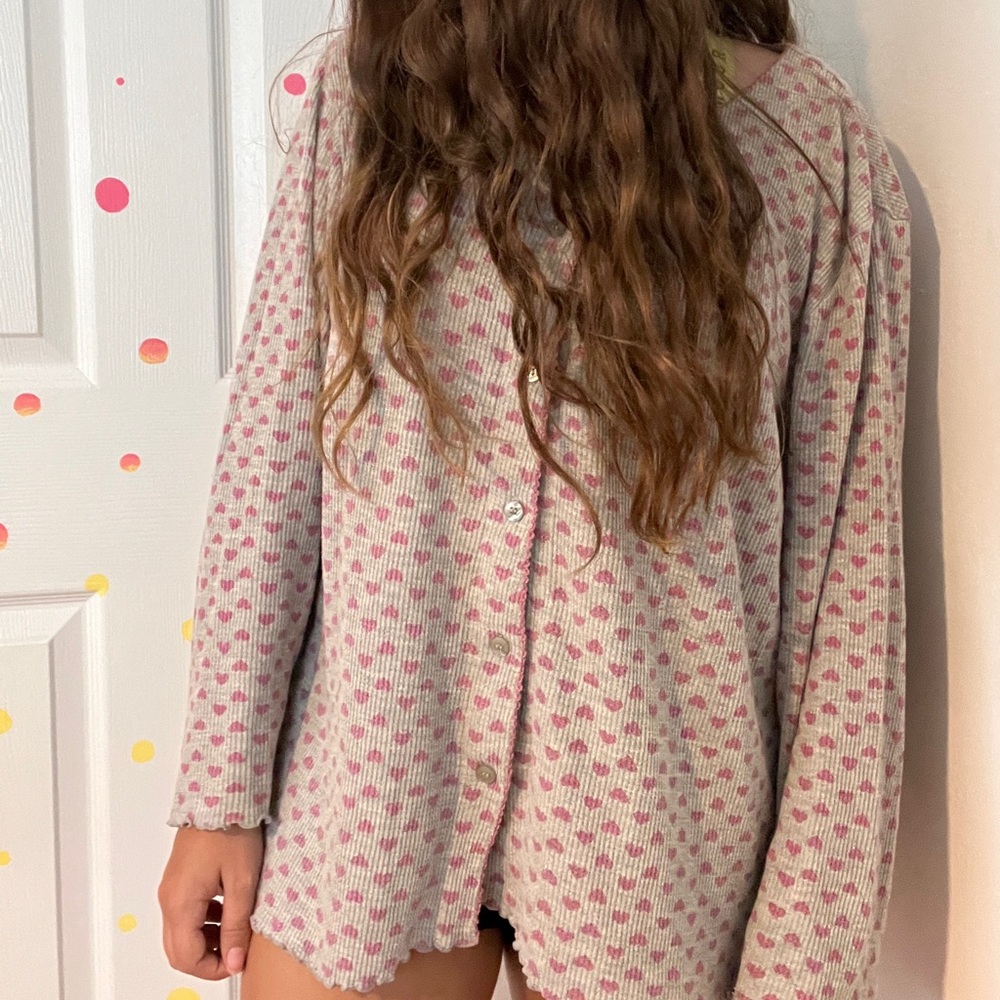 Pink Polka Dot Button-Up Shirt/ sweater